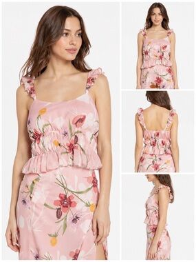 NWT LEITH Nordstrom Pink Floral Tank Top Blouse Ruffled Sleeves Ruched Cropped